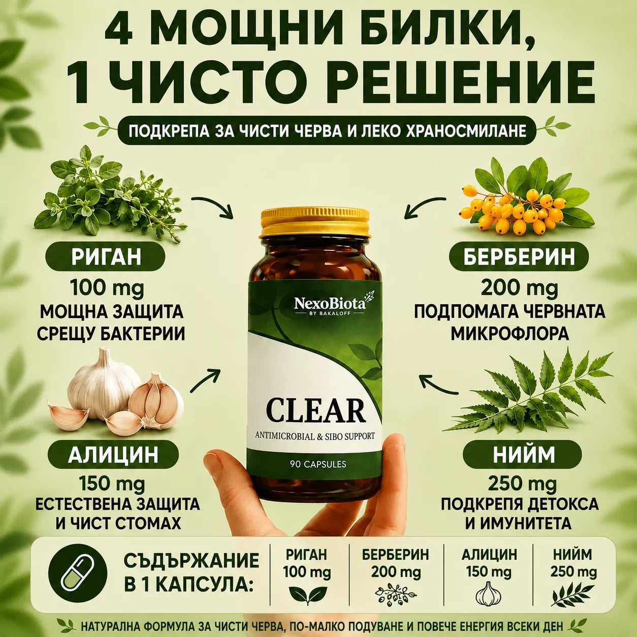 CLEAR – Билкова формула за бактерии в тънките черва - SIBO. При подуване, газове и СРЧ.